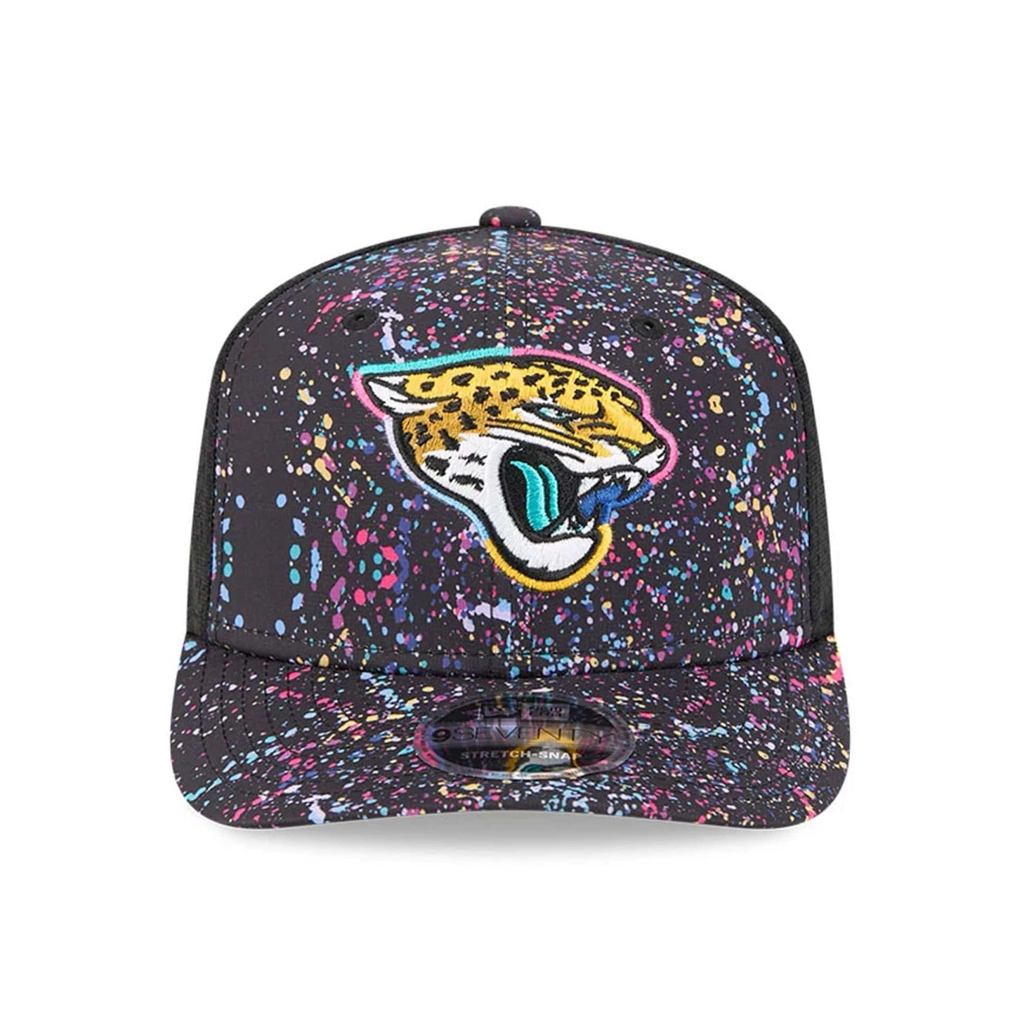 This is a Jacksonville Jaguars NFL Crucial Catch 2025 Black 9SEVENTY Stretch Snap Adjustable Cap 2