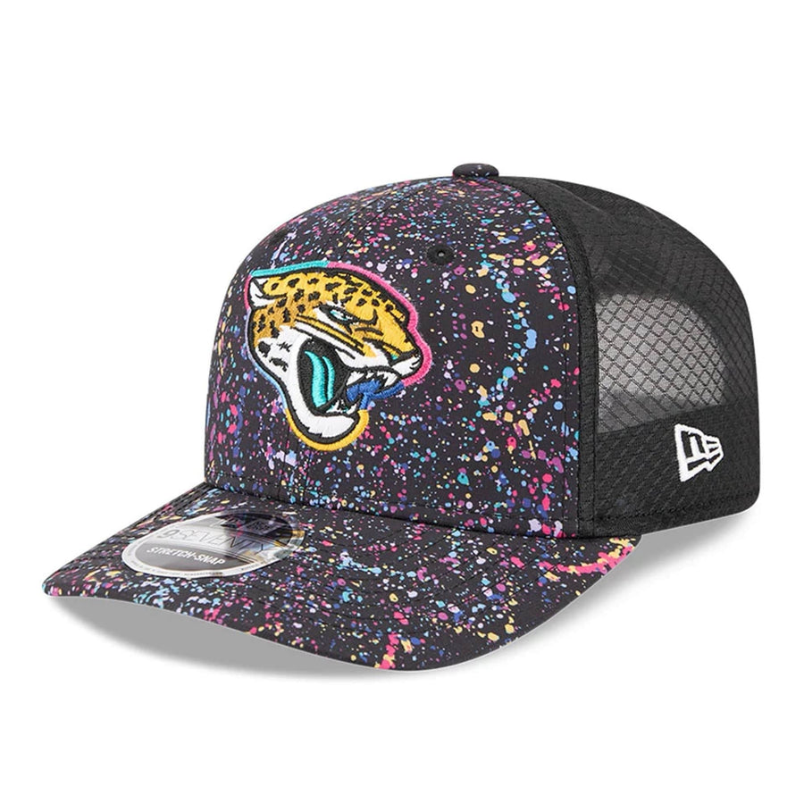 This is a Jacksonville Jaguars NFL Crucial Catch 2025 Black 9SEVENTY Stretch Snap Adjustable Cap 3