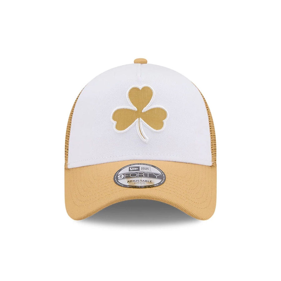This is a Boston Celtics NBA City Edition Yellow 9FORTY A-Frame Trucker Adjustable Cap 3