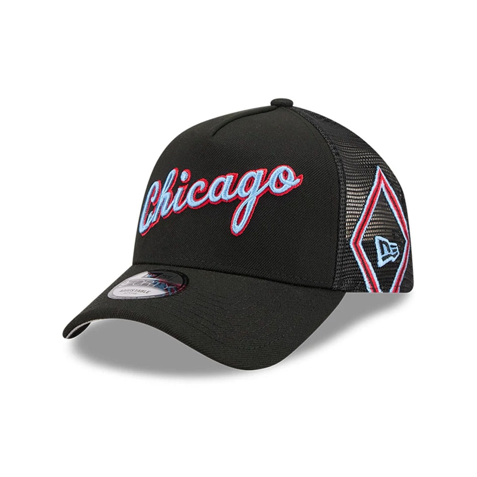 This is a Chicago Bulls NBA City Edition Black 9FORTY A-Frame Trucker Adjustable Cap 4