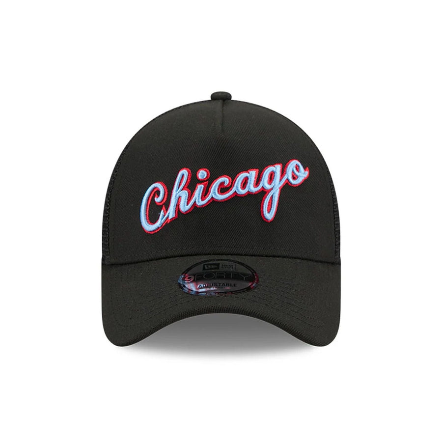 This is a Chicago Bulls NBA City Edition Black 9FORTY A-Frame Trucker Adjustable Cap 3