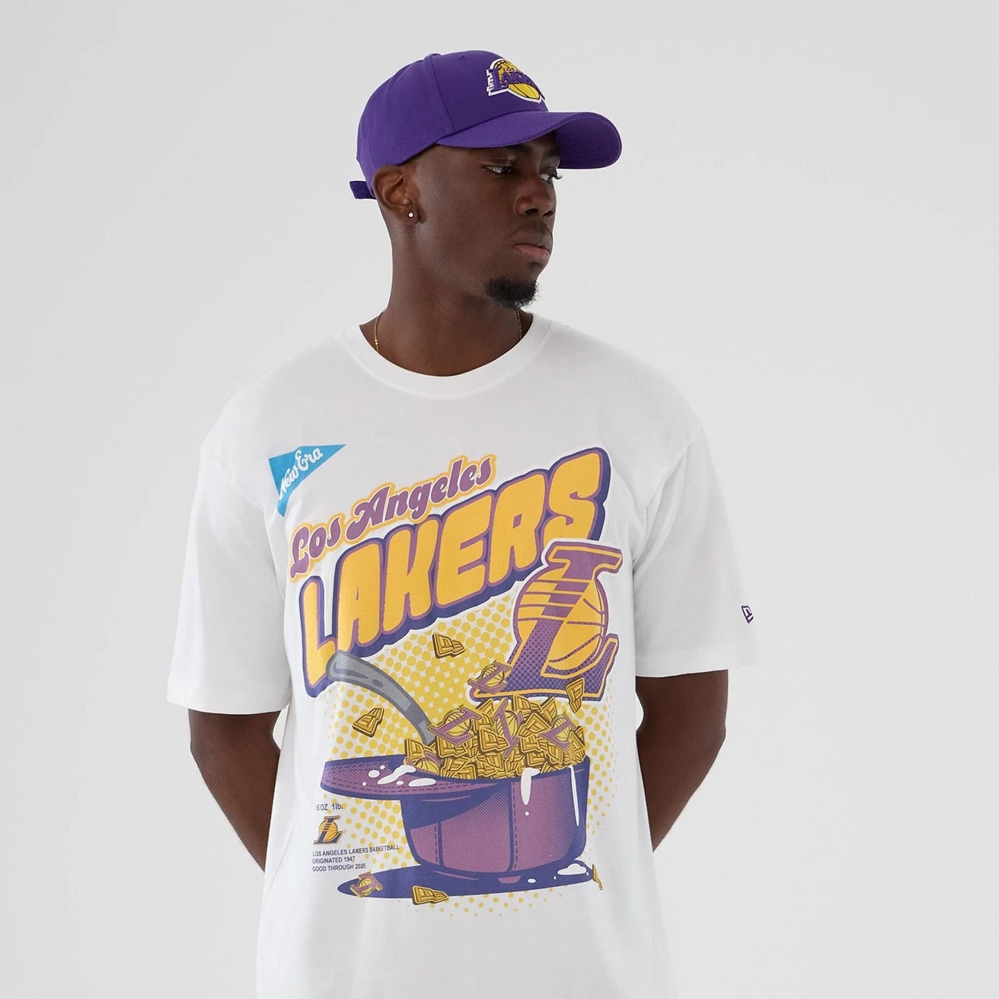 The Male model is wearing LA Lakers NBA Lifestyle Graphic White T-Shirt  7
