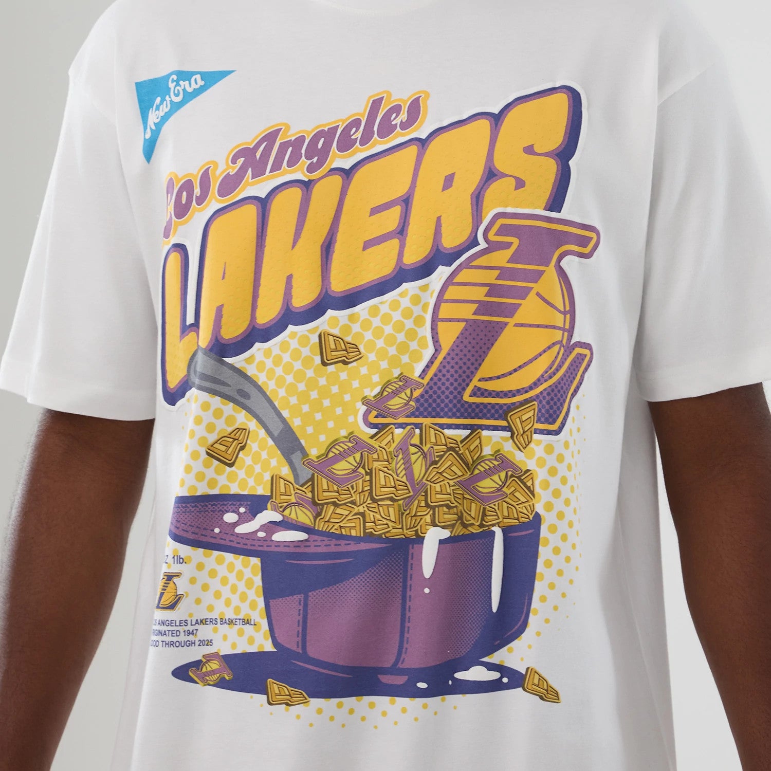 The Male model is wearing LA Lakers NBA Lifestyle Graphic White T-Shirt 4