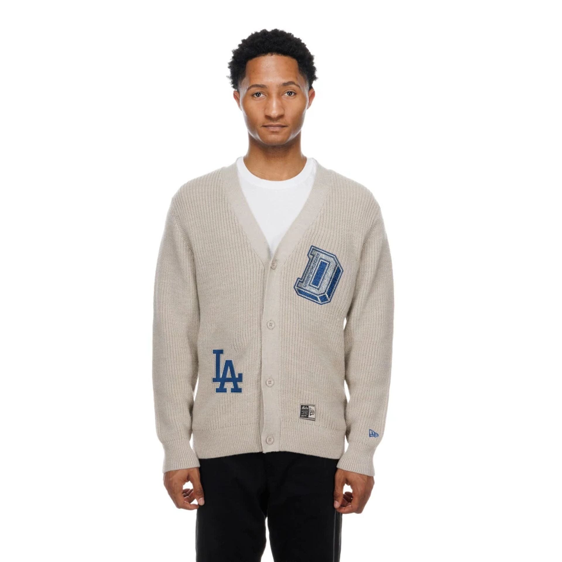 The Male model is wearing LA Dodgers MLB Throwback Prep Light Beige Cardigan  1