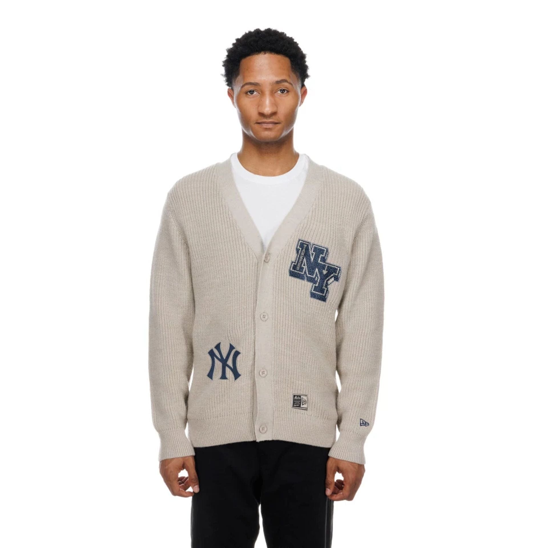 The Male model is wearing New York Yankees MLB Throwback Prep Light Beige Cardigan  1