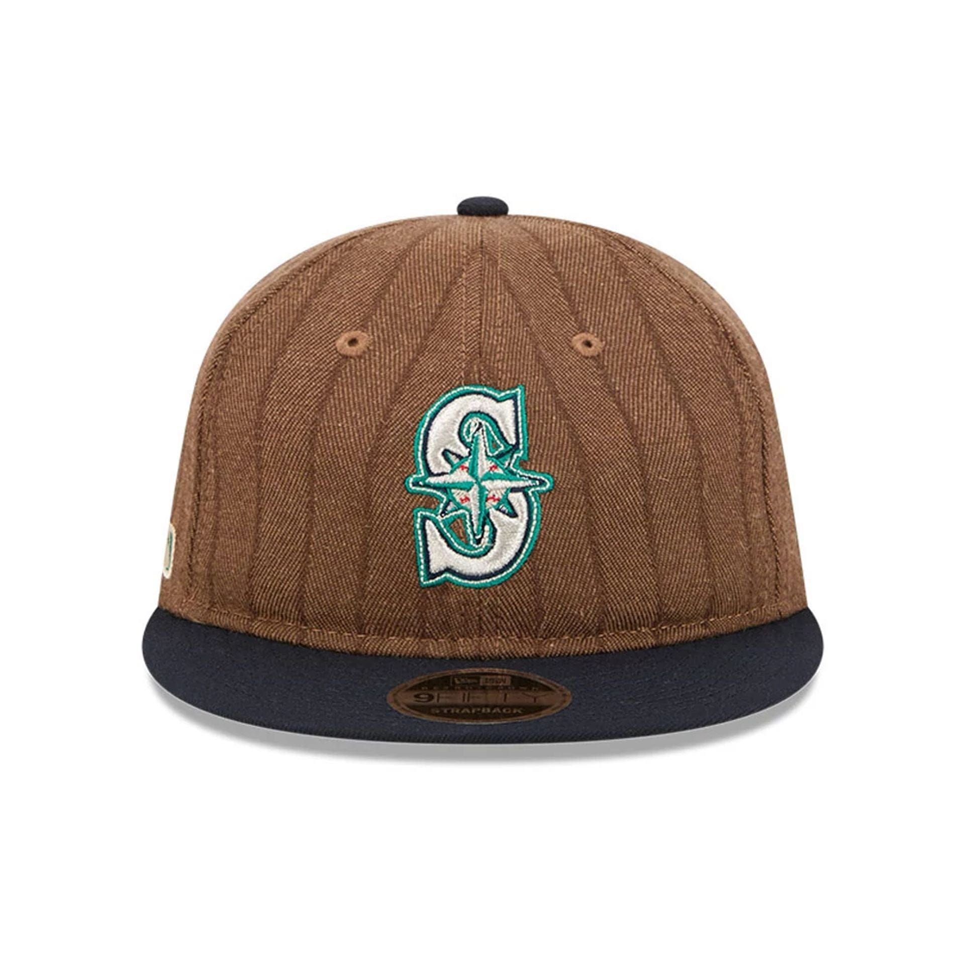 This is a Seattle Mariners Three Looms x MLB Wool Pinstripe Navy Retro Crown 9FIFTY Adjustable Cap 4