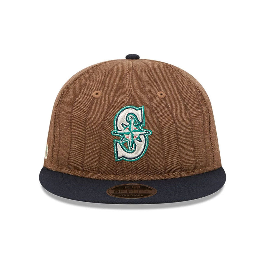 This is a Seattle Mariners Three Looms x MLB Wool Pinstripe Navy Retro Crown 9FIFTY Adjustable Cap 4