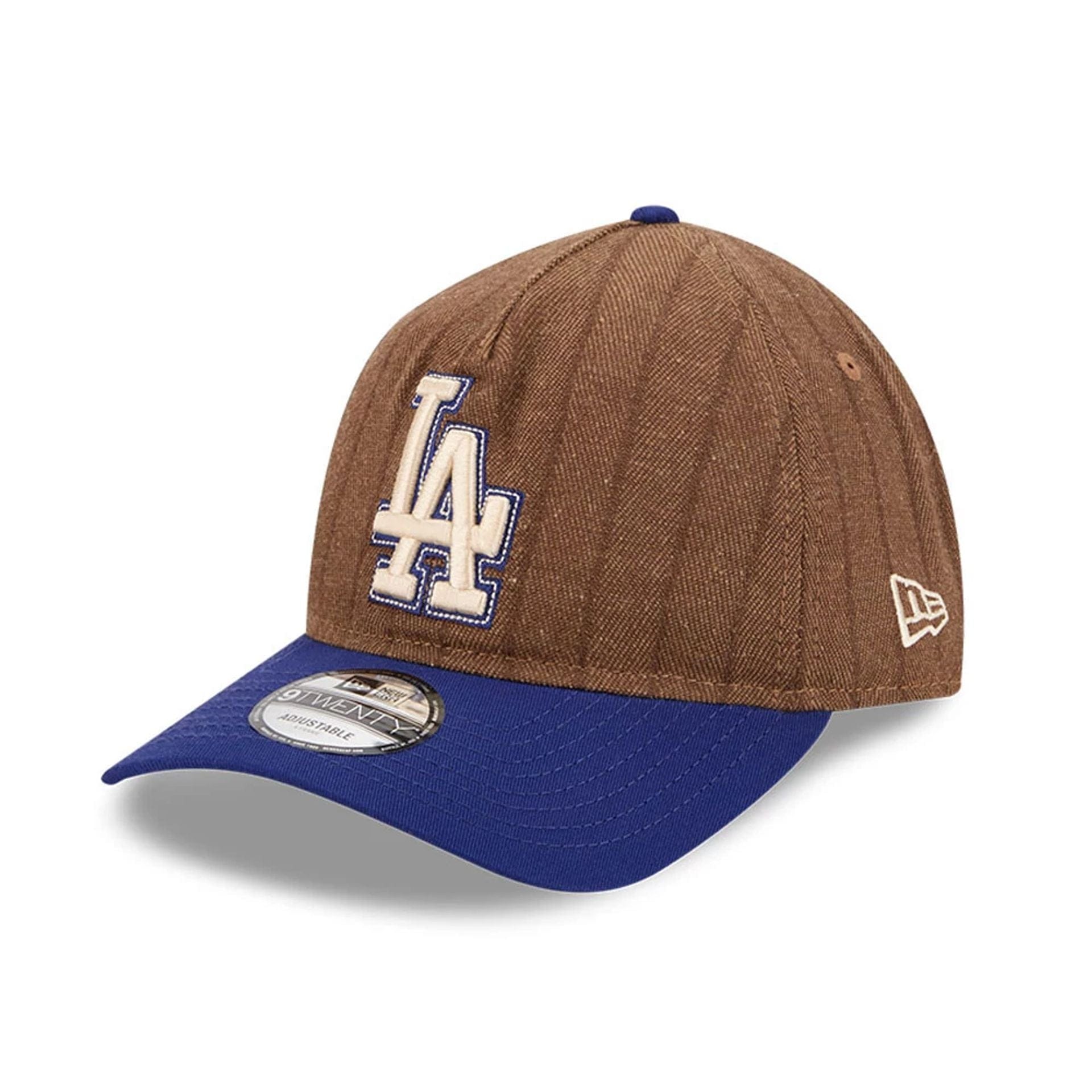 This is a LA Dodgers Three Looms x MLB Wool Pinstripe Dark Blue 9TWENTY A-Frame Adjustable Cap 1