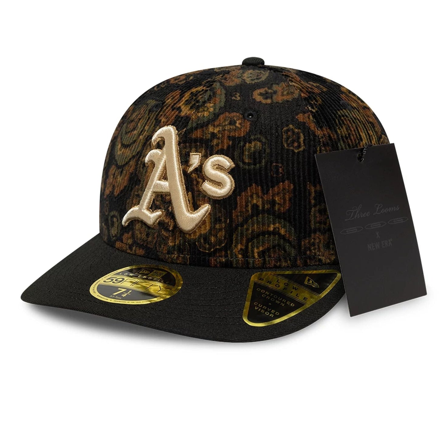 This is a Oakland Athletics Three Looms x MLB Floral Cord Black Low Profile 59FIFTY Fitted Cap 1
