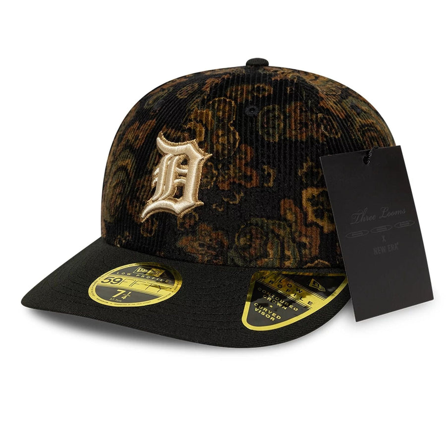This is a Detroit Tigers Three Looms x MLB Floral Cord Black Low Profile 59FIFTY Fitted Cap 1
