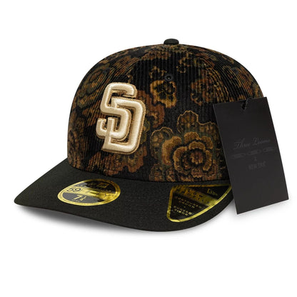 This is a San Diego Padres Three Looms x MLB Floral Cord Black Low Profile 59FIFTY Fitted Cap 1