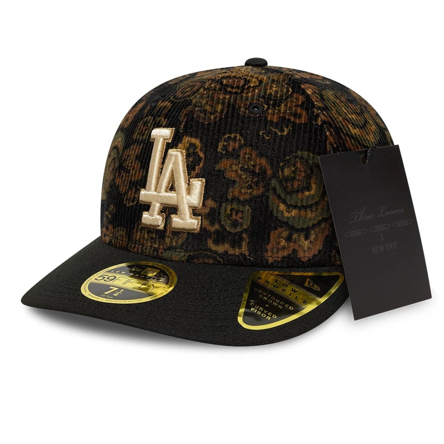 This is a LA Dodgers Three Looms x MLB Floral Cord Black Low Profile 59FIFTY Fitted Cap 1