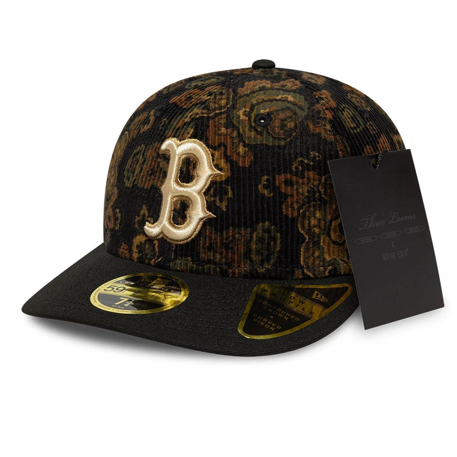 This is a Boston Red Sox Three Looms x MLB Floral Cord Black Low Profile 59FIFTY Fitted Cap 1