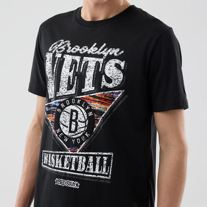 The Male model is wearing Brooklyn Nets NBA City Edition Black T-Shirt 3
