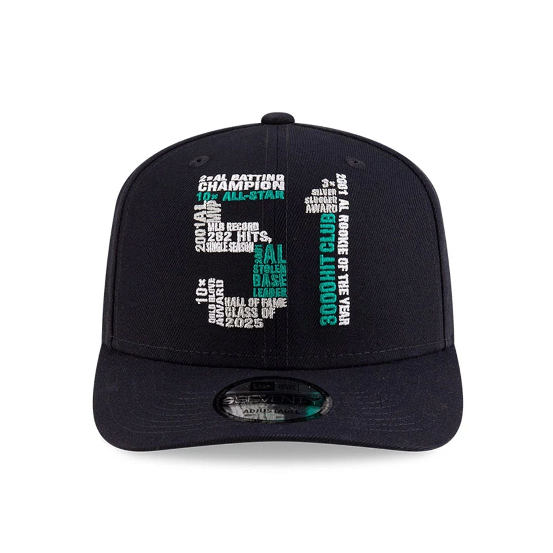 This is a Seattle Mariners MLB 2025 Ichiro Hall Of Fame Navy 9SEVENTY Stretch Snap Adjustable Cap 2