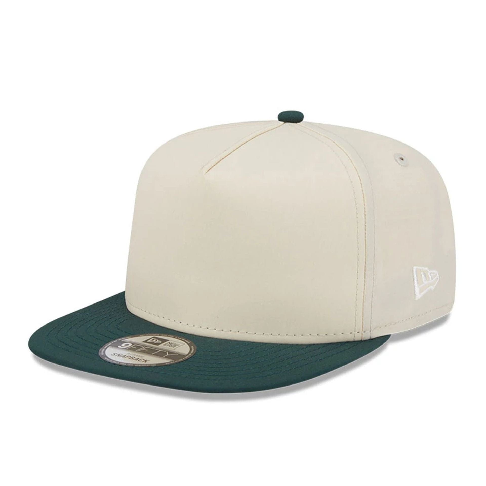 This is a New Era Cream & Dark Green 9FIFTY A-Frame Snapback Adjustable Cap 1