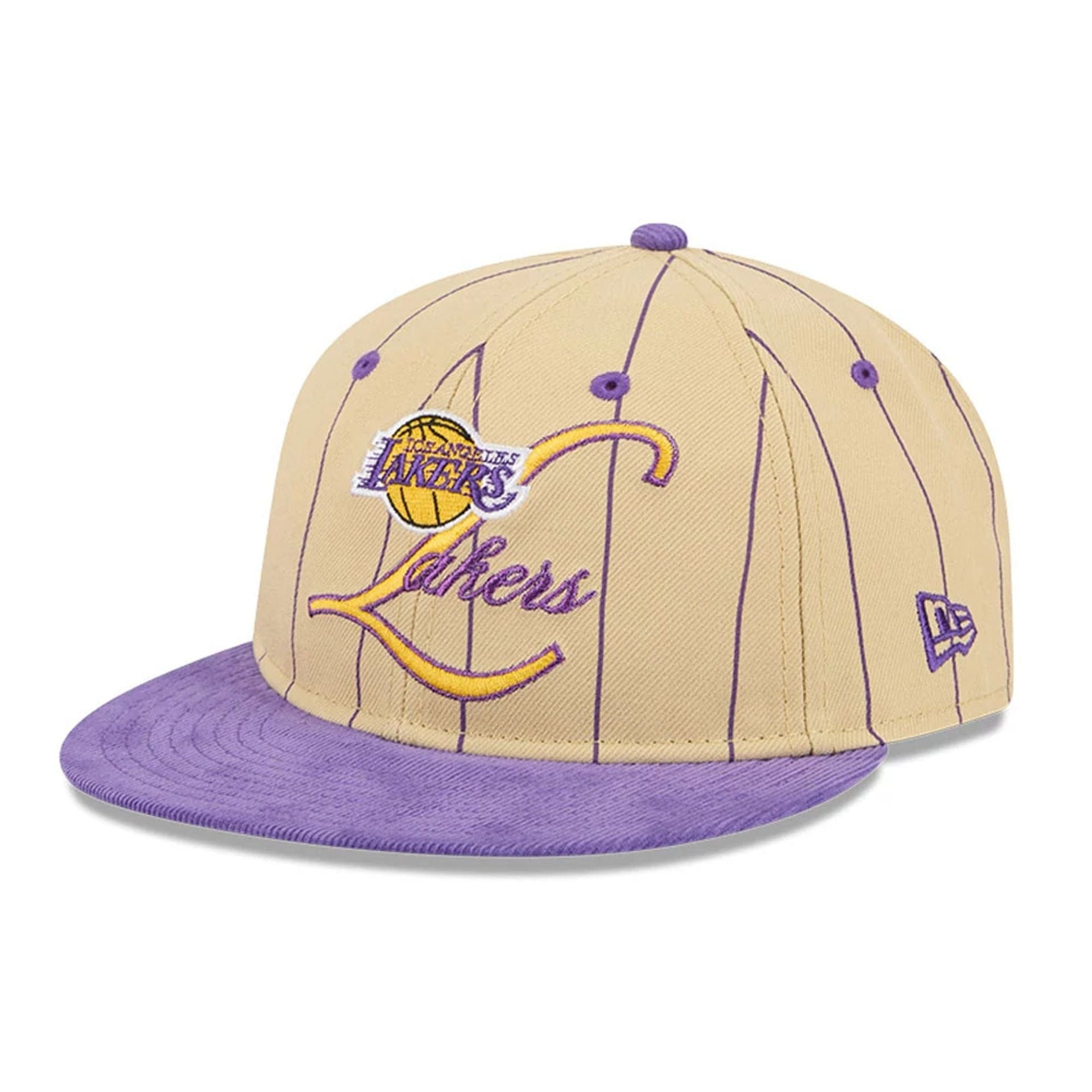 This is a LA Lakers Pinstripe Script Cream Retro Crown 9FIFTY Adjustable Cap 1