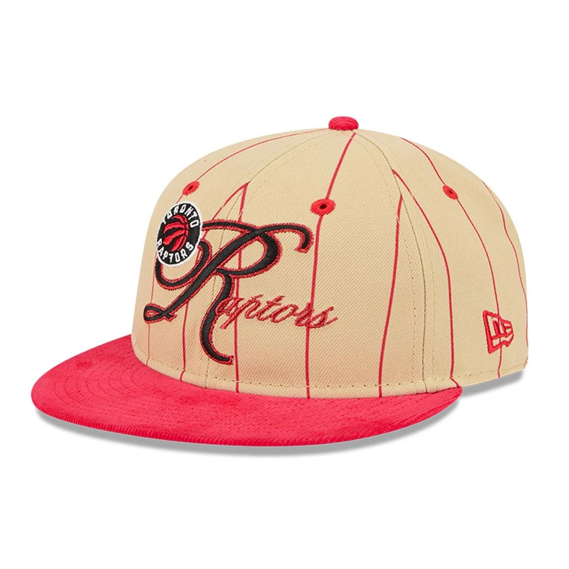 This is a Toronto Raptors Pinstripe Script Cream Retro Crown 9FIFTY Adjustable Cap 1