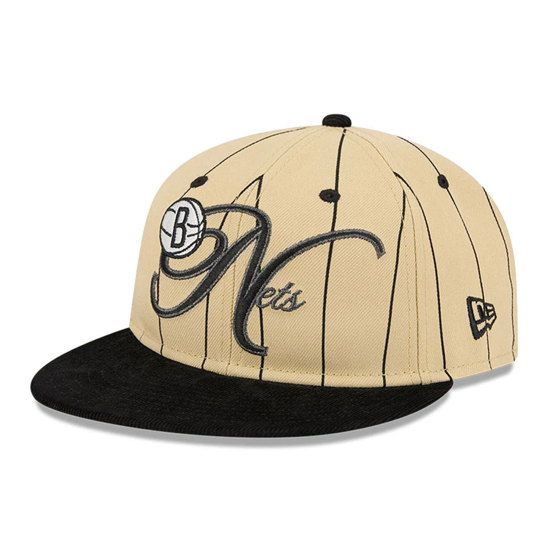 This is a Brooklyn Nets Pinstripe Script Cream Retro Crown 9FIFTY Adjustable Cap 1