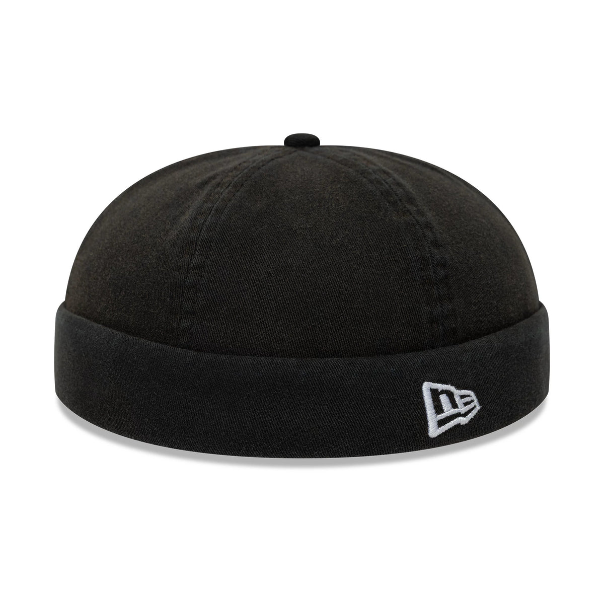 New Era Washed Cotton Black Docker Adjustable Hat, front view showing the white embroidered New Era flag logo on the cuff, with a black cotton finish and a rounded top with a small black top button.