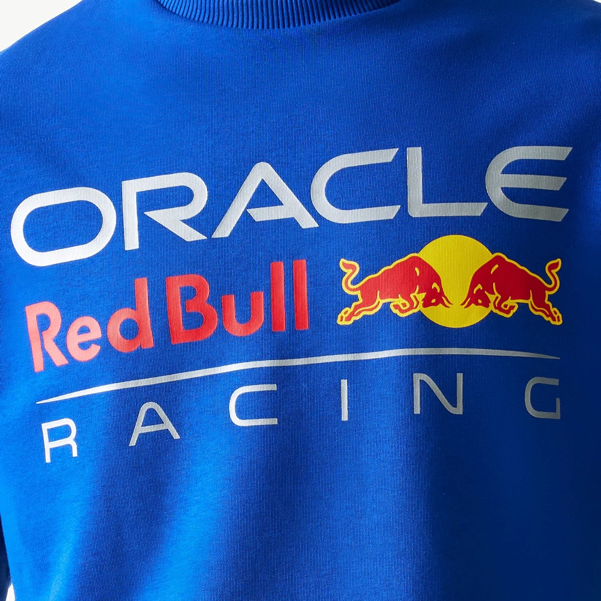 The Male model is wearing Red Bull Racing Blue Oversized Crew Neck Sweater 5