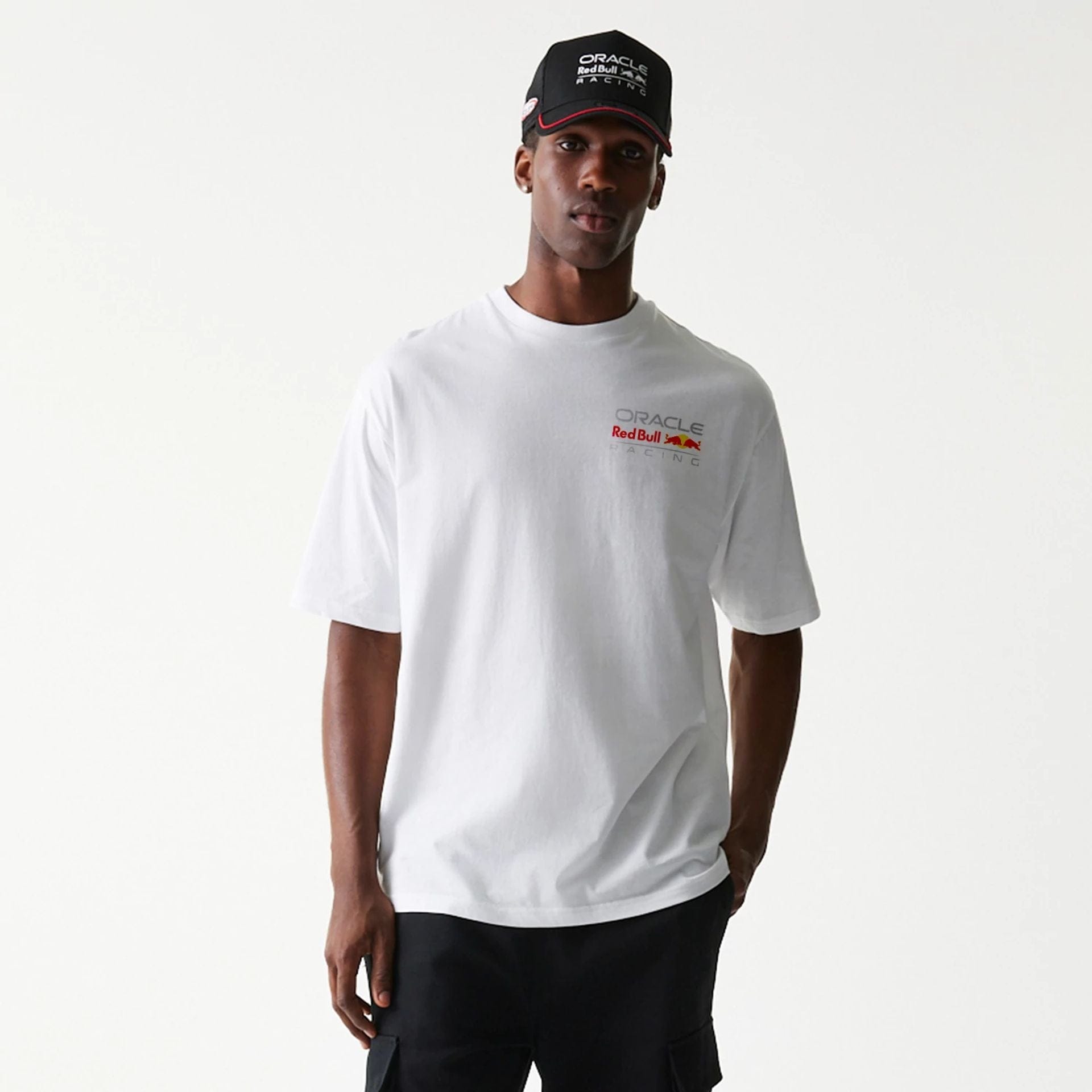 The Male model is wearing Red Bull Racing White Oversized T-Shirt 1