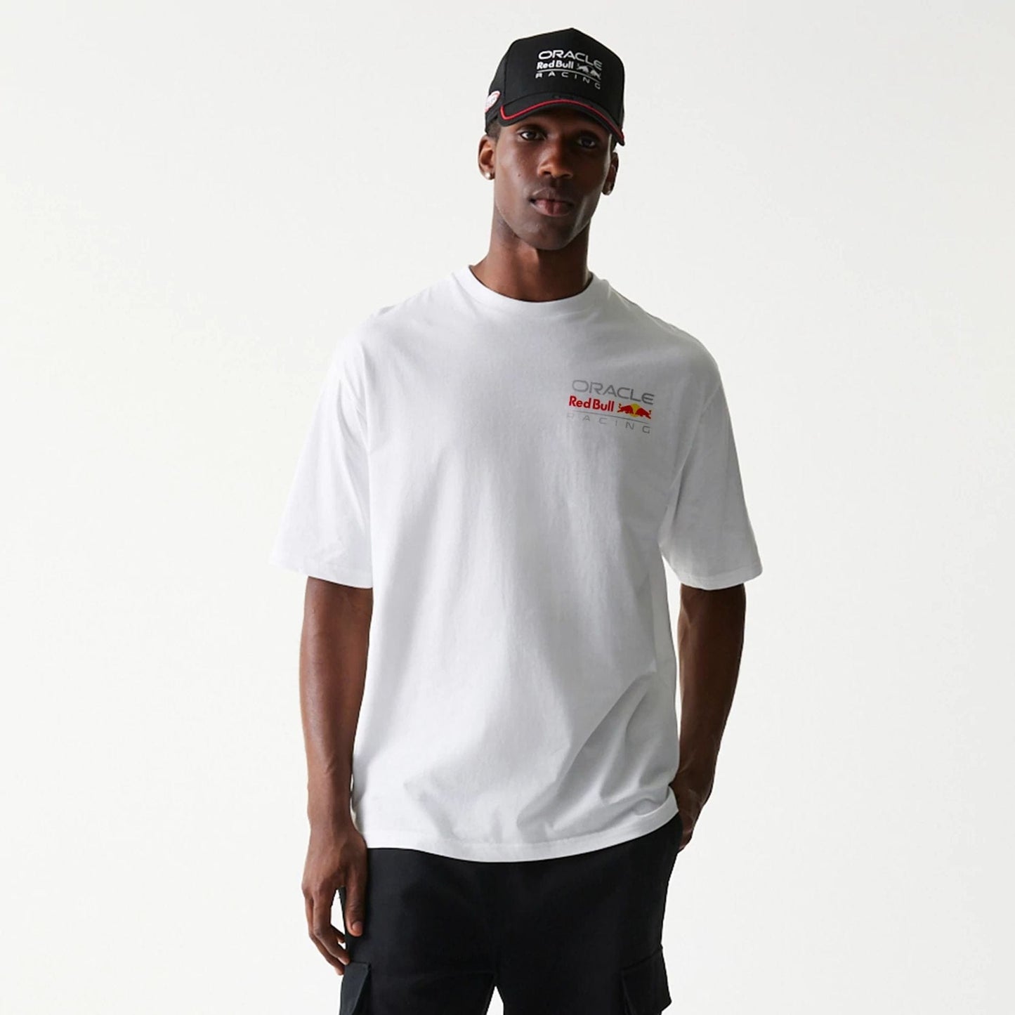 The Male model is wearing Red Bull Racing White Oversized T-Shirt 1