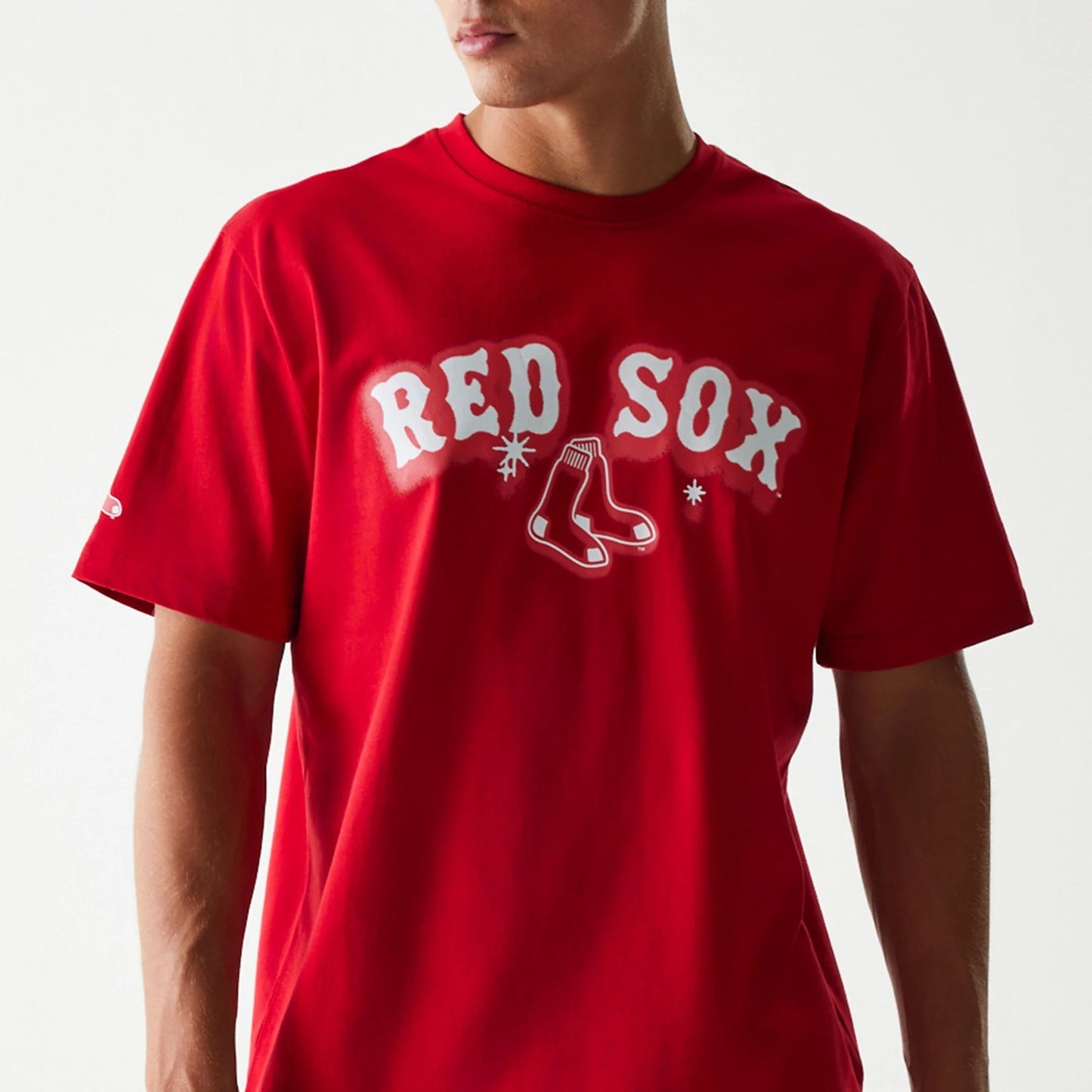 The Male model is wearing Boston Red Sox OVO x MLB Red T-Shirt 3