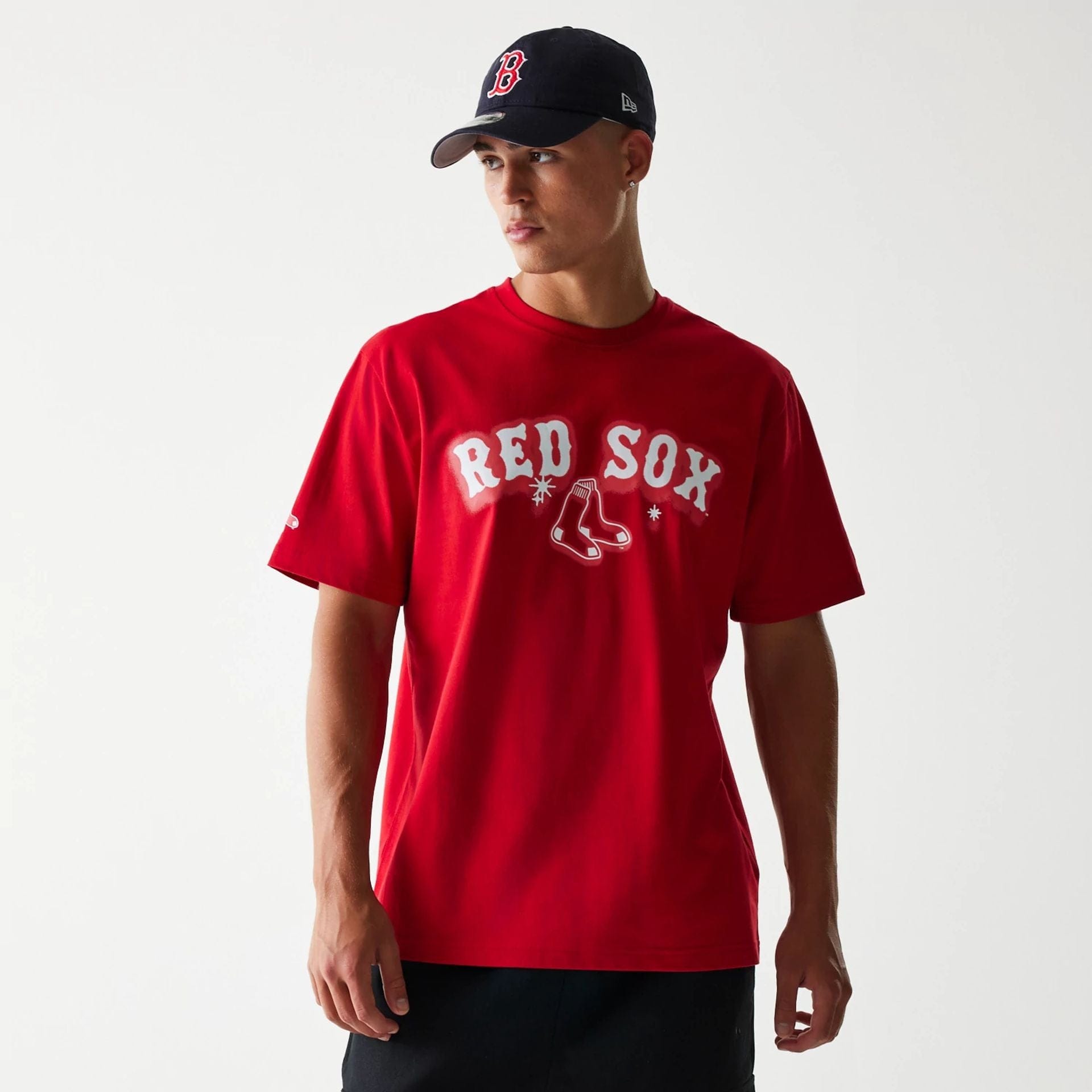 The Male model is wearing Boston Red Sox OVO x MLB Red T-Shirt 1