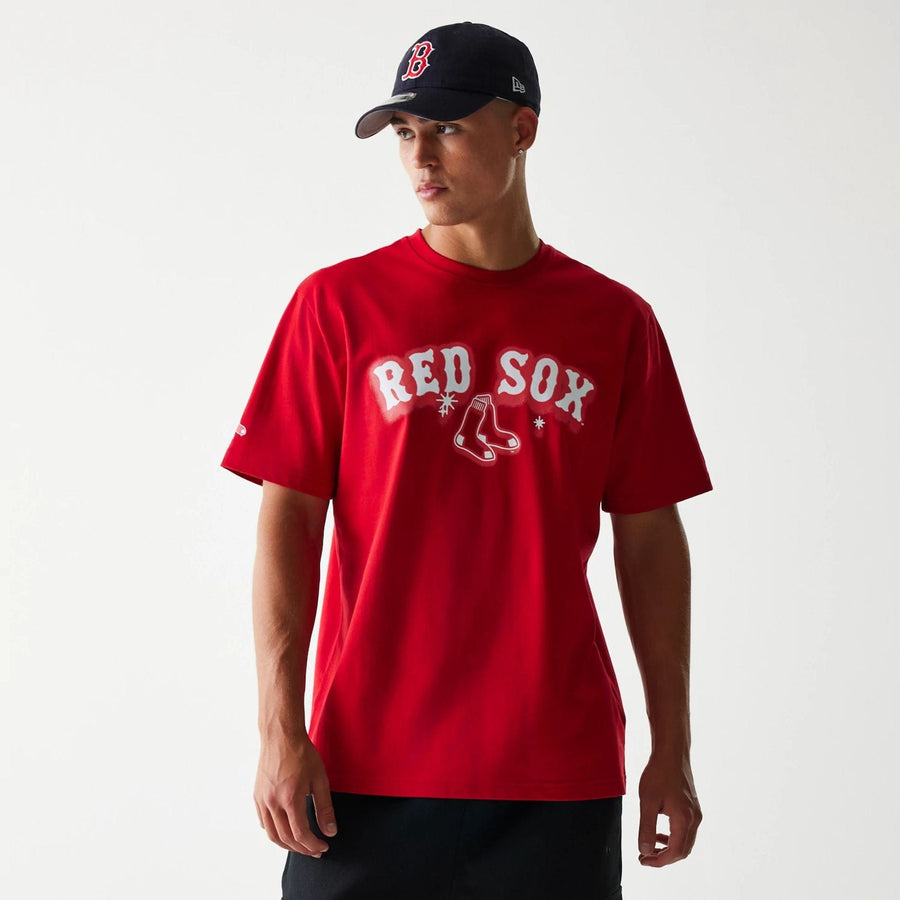 The Male model is wearing Boston Red Sox OVO x MLB Red T-Shirt 1