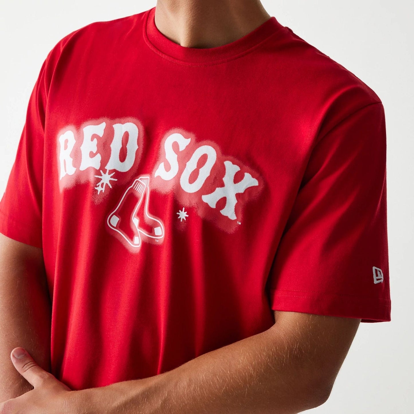 The Male model is wearing Boston Red Sox OVO x MLB Red T-Shirt 6