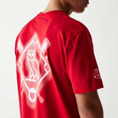 The Male model is wearing Boston Red Sox OVO x MLB Red T-Shirt 7