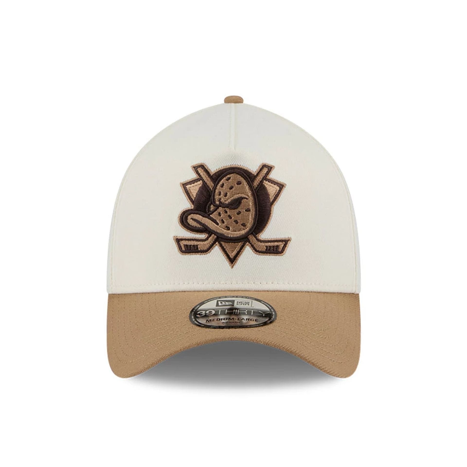 Pictured is this NHL Sandy Bay Anaheim Ducks 39THIRTY A-Frame Stretch Fit cap in white. 3