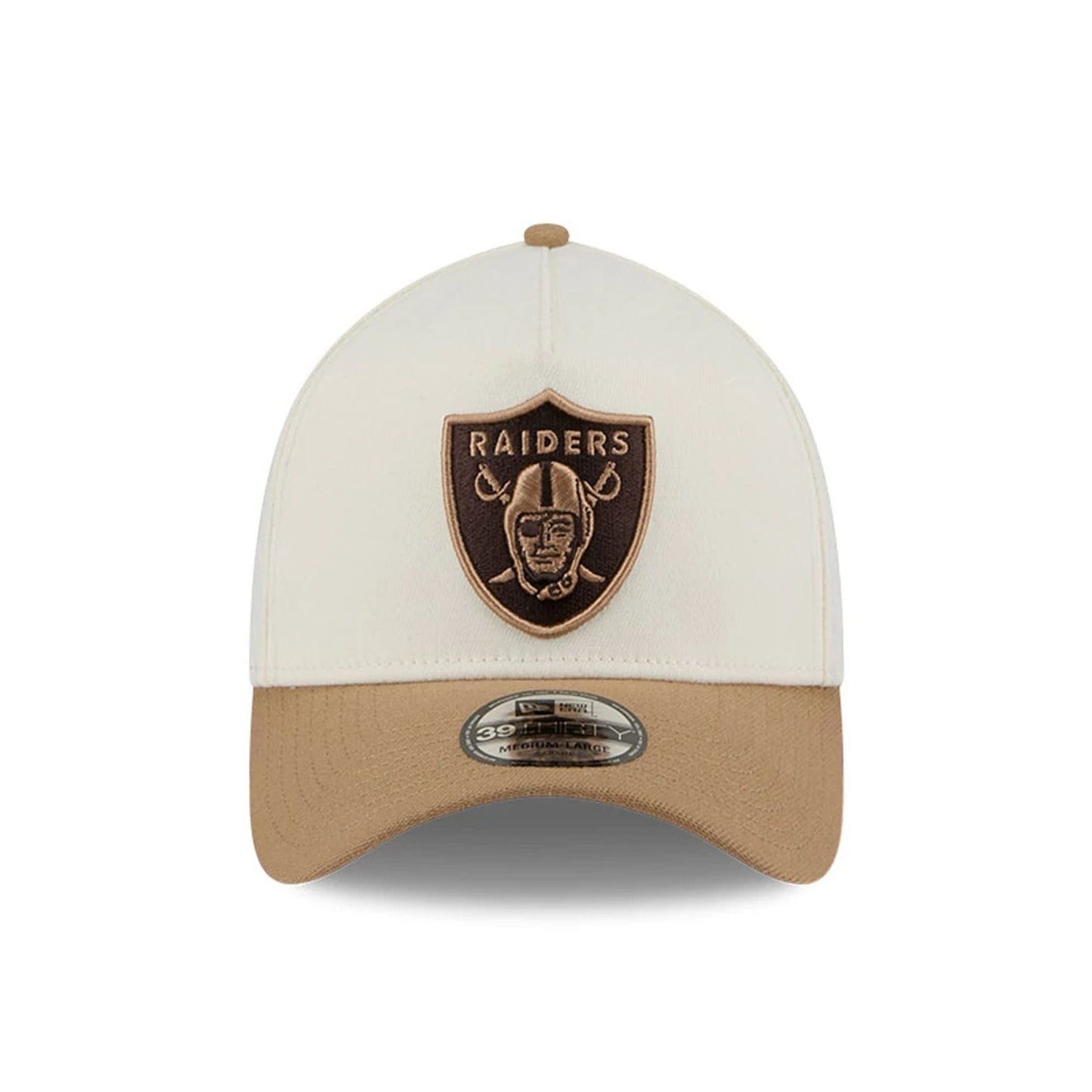 Pictured is this NFL Sandy Bay Las Vegas Raiders 39THIRTY A-Frame Stretch Fit cap in white. 3