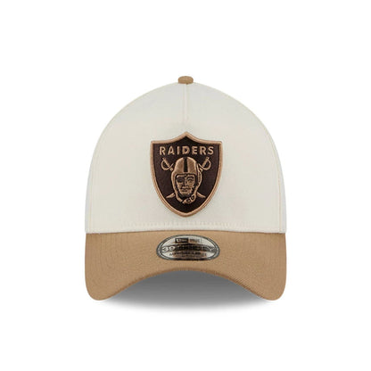 Pictured is this NFL Sandy Bay Las Vegas Raiders 39THIRTY A-Frame Stretch Fit cap in white. 3