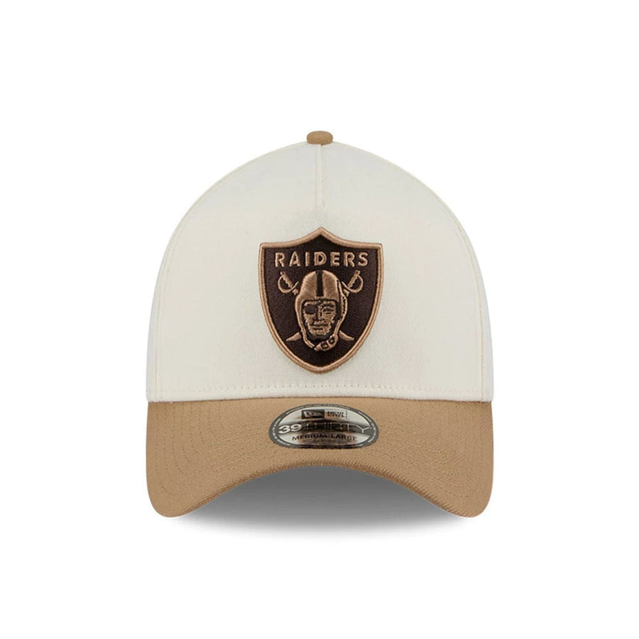 Pictured is this NFL Sandy Bay Las Vegas Raiders 39THIRTY A-Frame Stretch Fit cap in white. 3