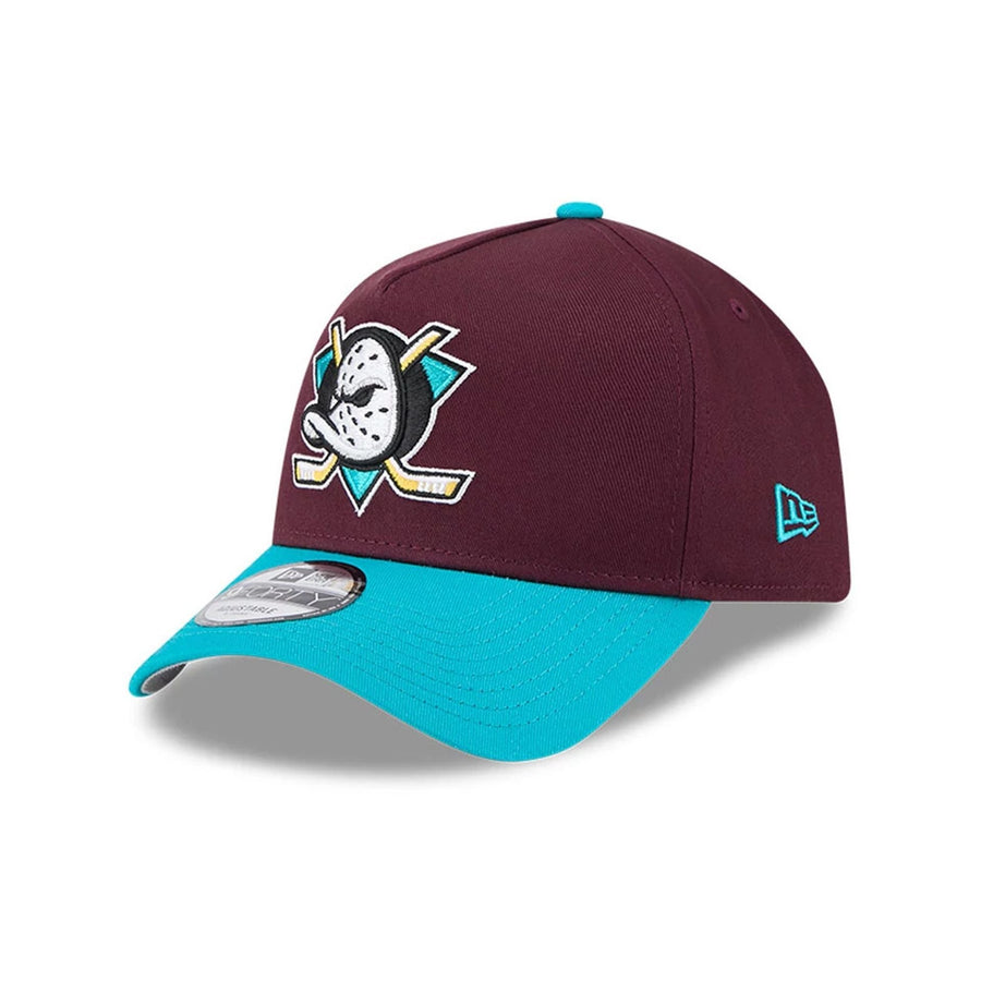 Pictured is this NHL Retro Anaheim Ducks 9FORTY A-Frame cap in burgundy. 1