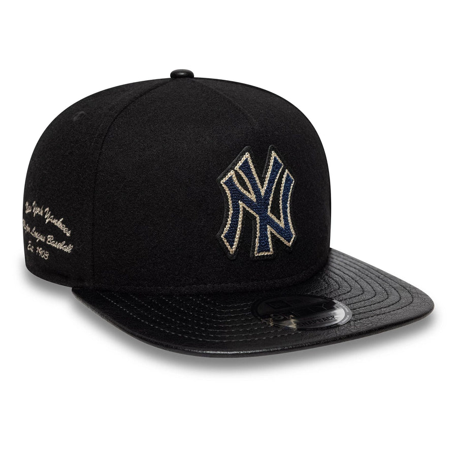 This is a New York Yankees Wool Letterman Black 9FIFTY A-Frame Snapback Adjustable Cap 1