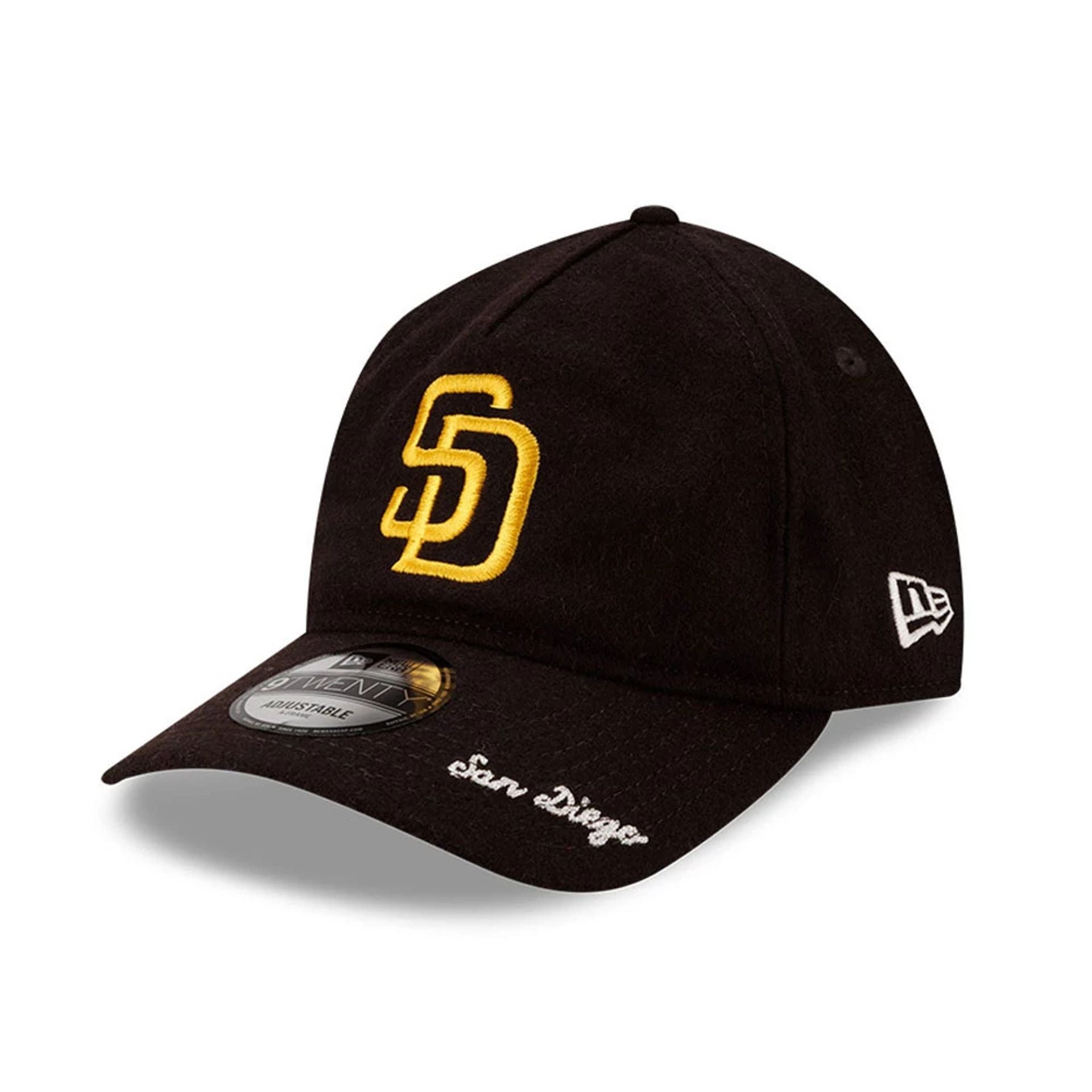 This is a San Diego Padres Wool Letterman Dark Brown 9TWENTY A-Frame Adjustable Cap 1