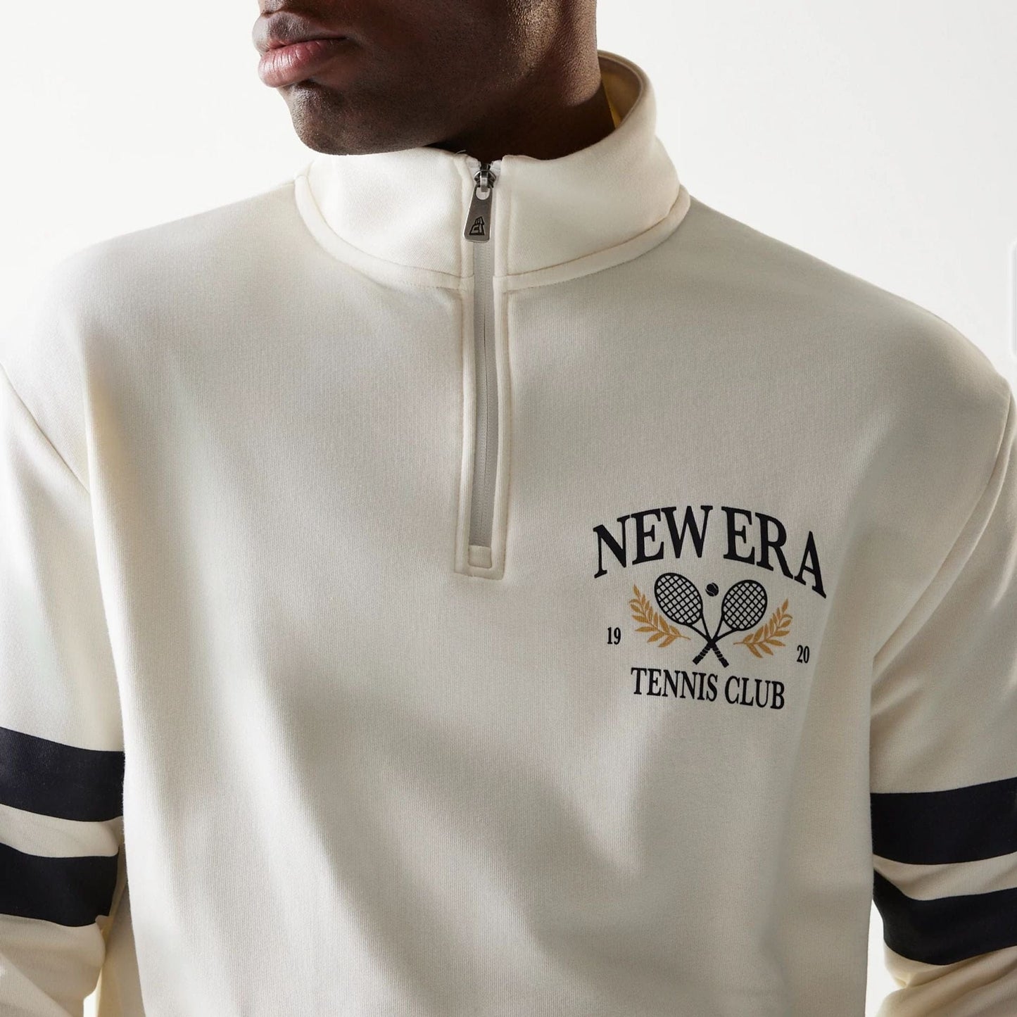 The Male model is wearing New Era Open White Oversized 1/4 Zip Sweater 4