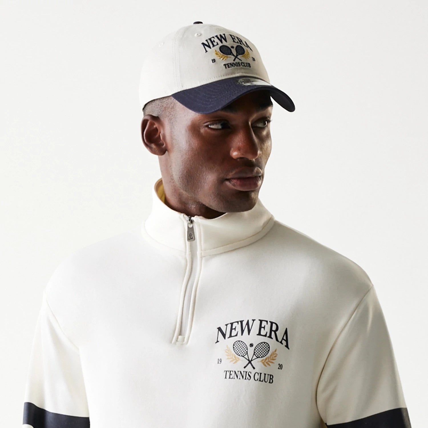 The Male model is wearing New Era Open White Oversized 1/4 Zip Sweater 6