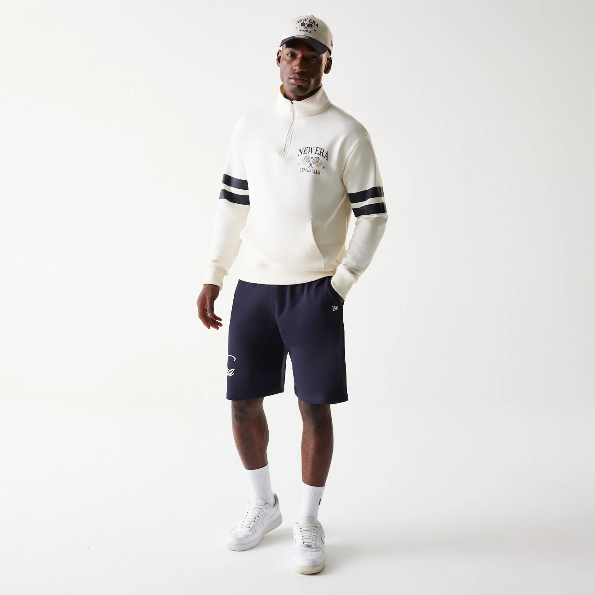 The Male model is wearing New Era Open White Oversized 1/4 Zip Sweater 8