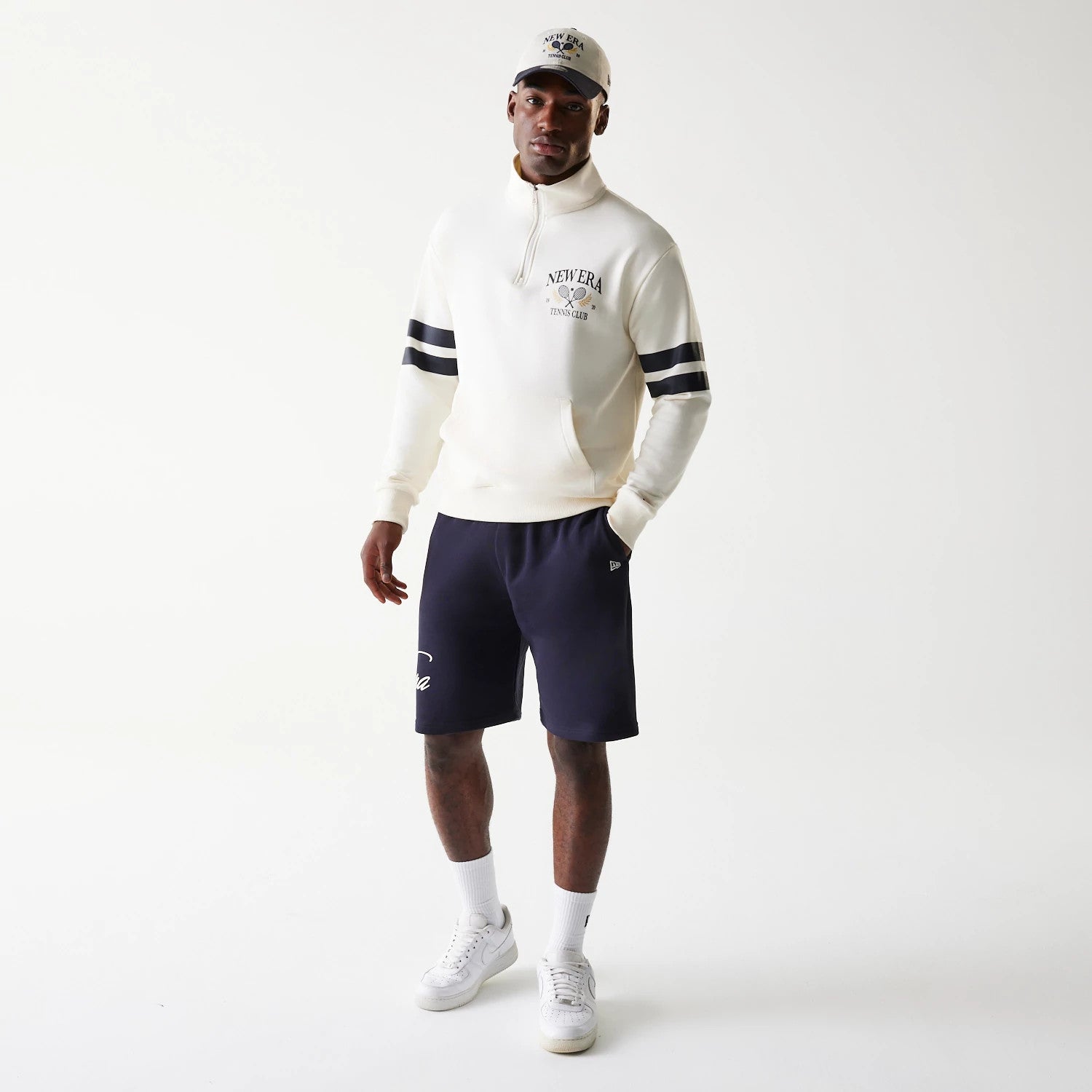 The Male model is wearing New Era Open White Oversized 1/4 Zip Sweater 8