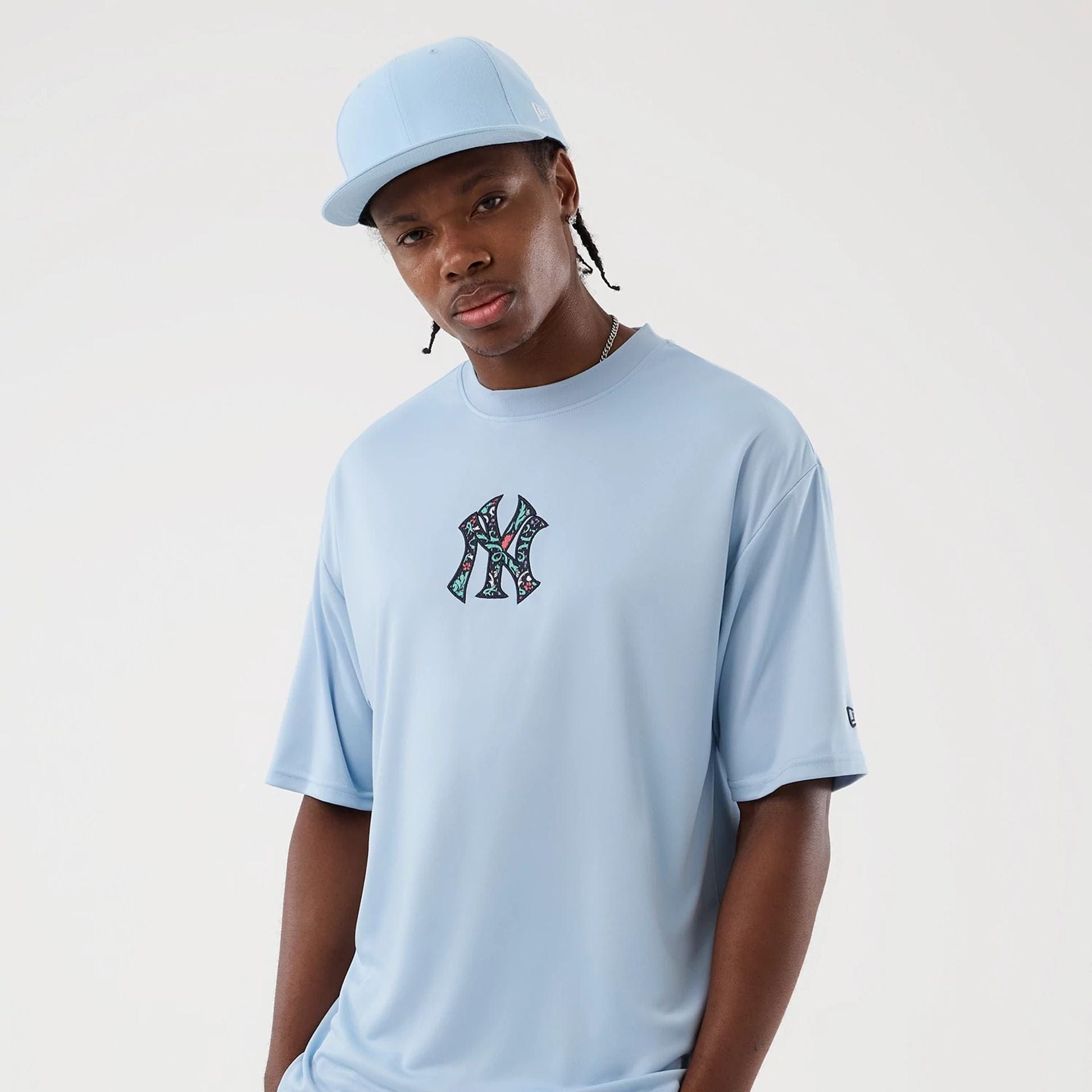 The Male model is wearing New York Yankees MLB Mesh Infill Pastel Blue Oversized T-Shirt 6