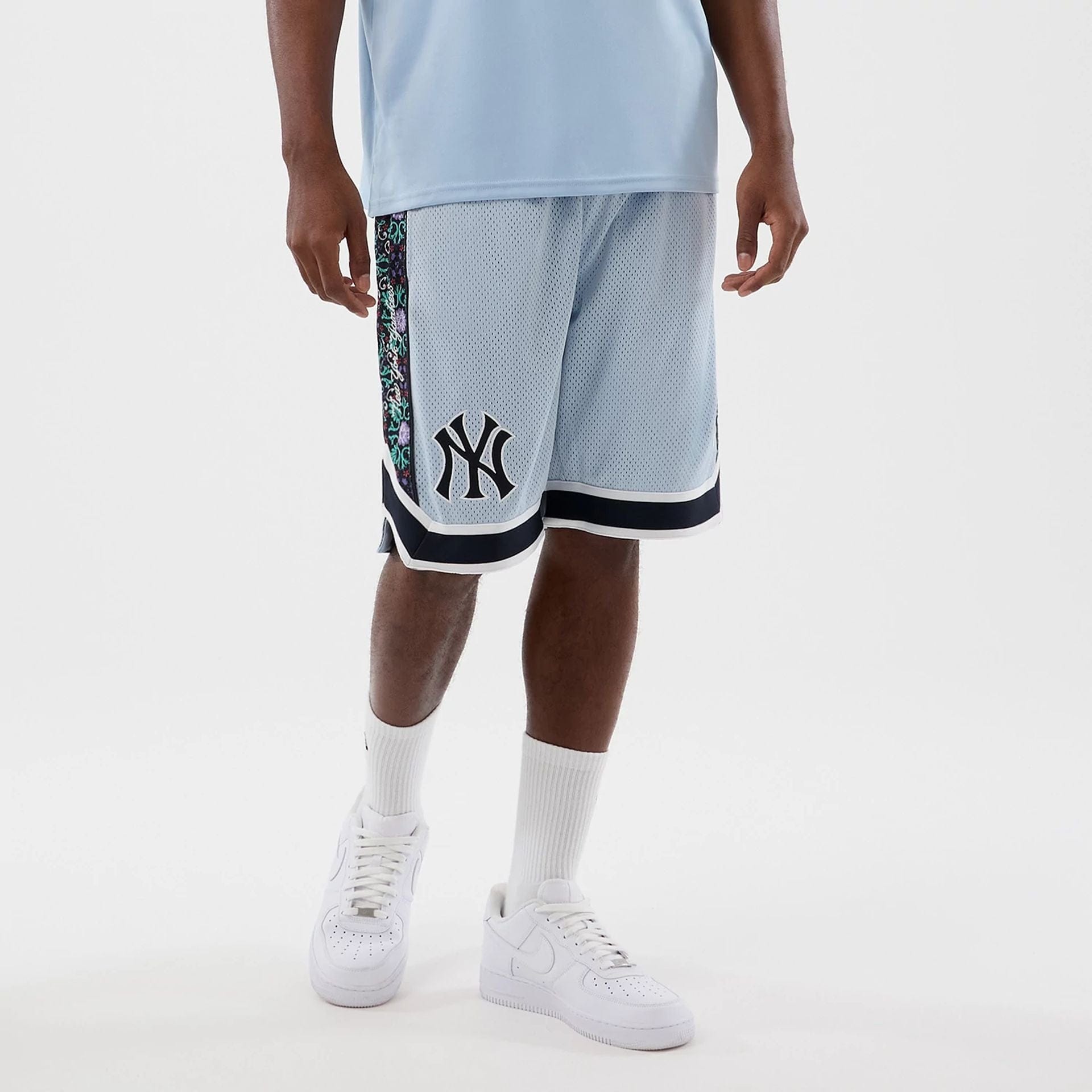 The Male model is wearing New York Yankees MLB Mesh Pastel Blue Mesh Shorts 8