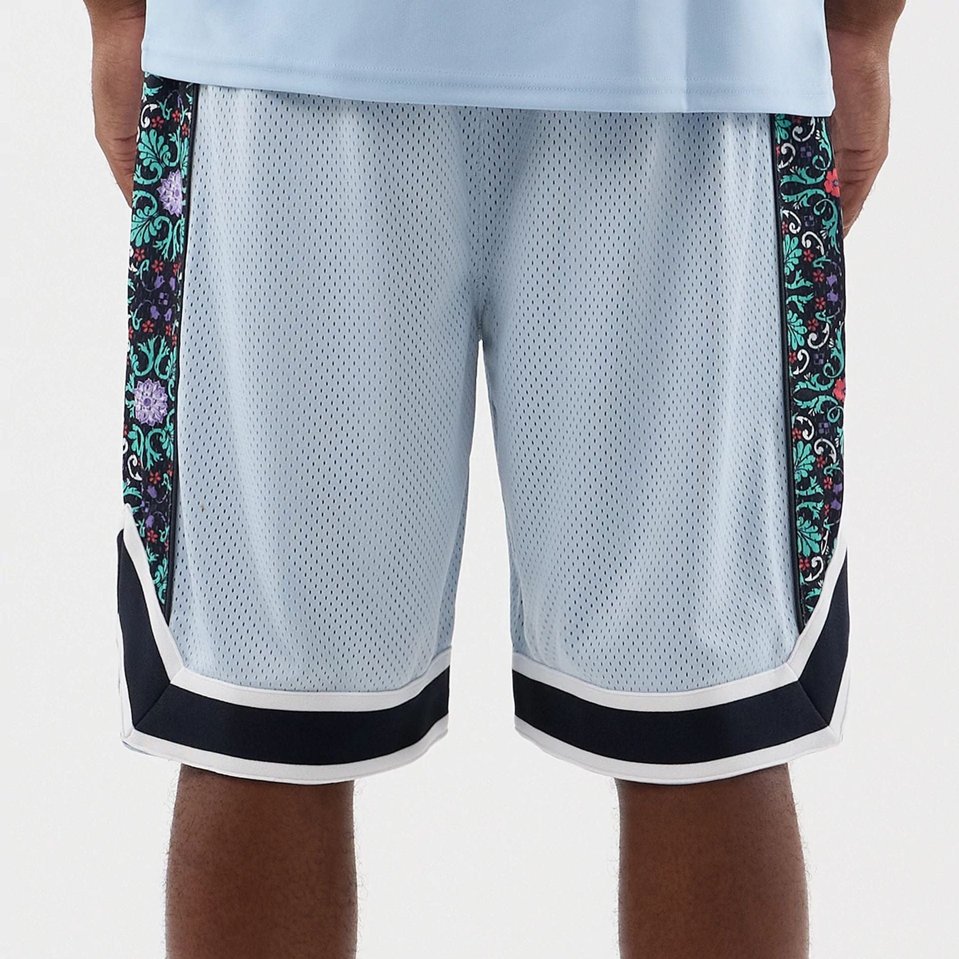 The Male model is wearing New York Yankees MLB Mesh Pastel Blue Mesh Shorts 5