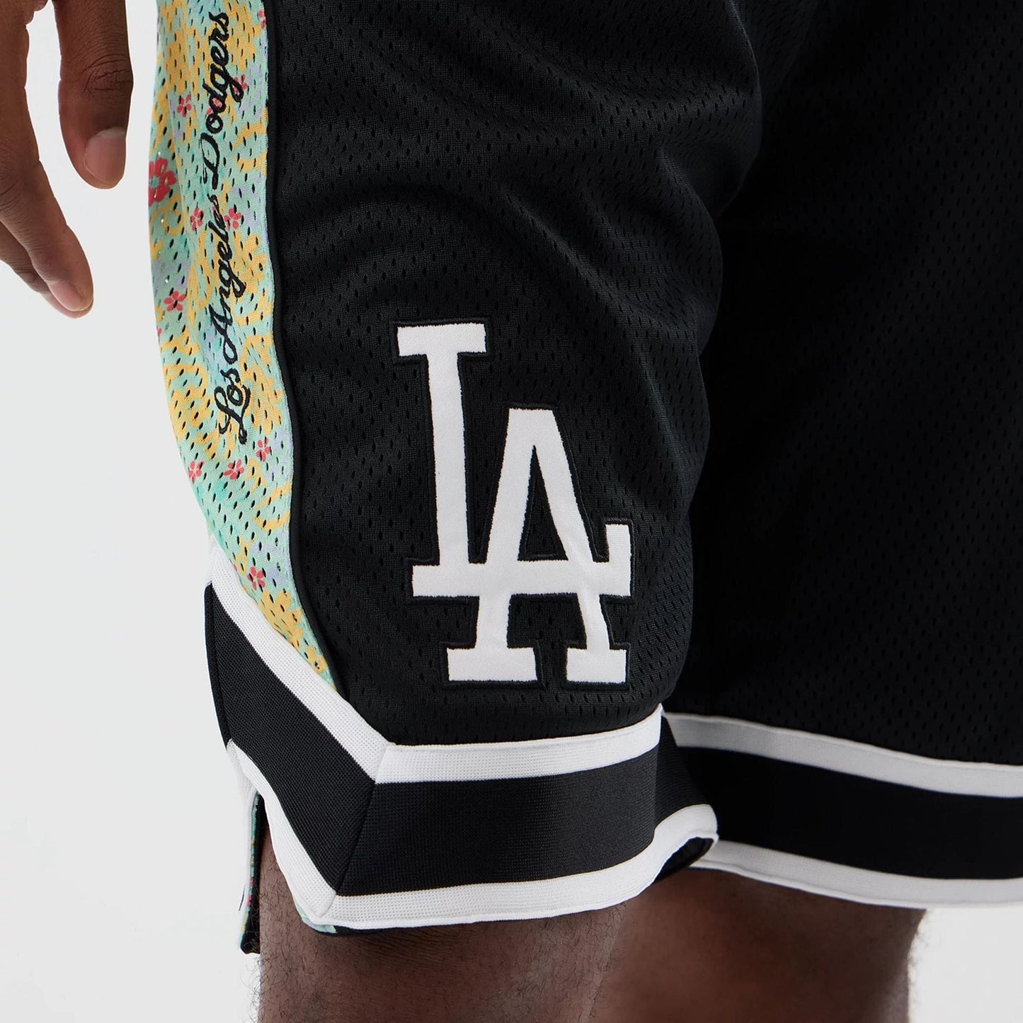 The Male model is wearing LA Dodgers MLB Mesh Black Mesh Shorts 3