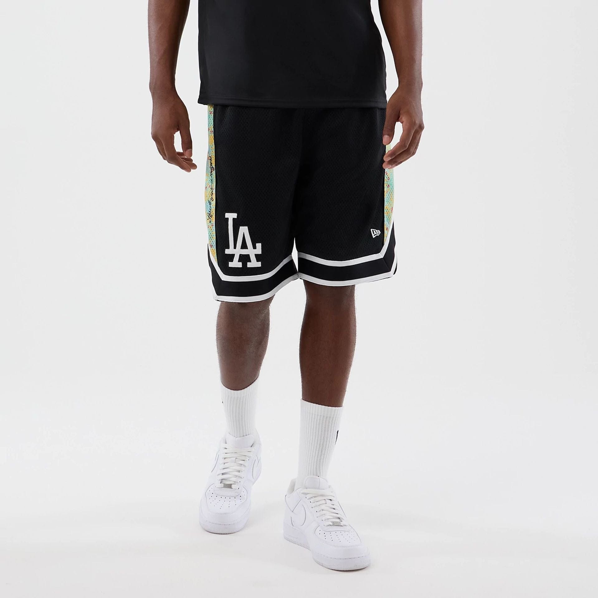 The Male model is wearing LA Dodgers MLB Mesh Black Mesh Shorts 1