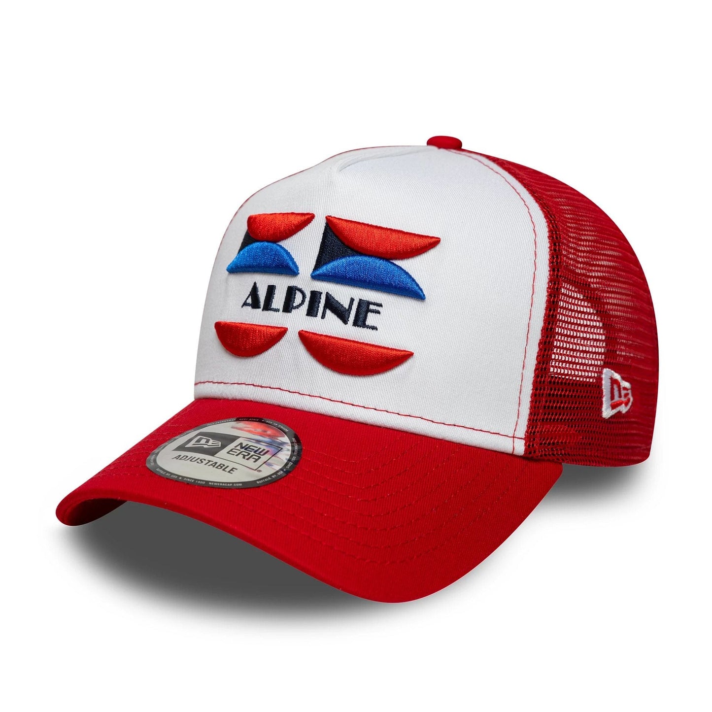 This is a Alpine Racing Patch Front Red 9FORTY A-Frame Trucker Adjustable Cap 1