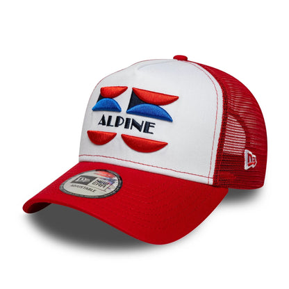This is a Alpine Racing Patch Front Red 9FORTY A-Frame Trucker Adjustable Cap 1